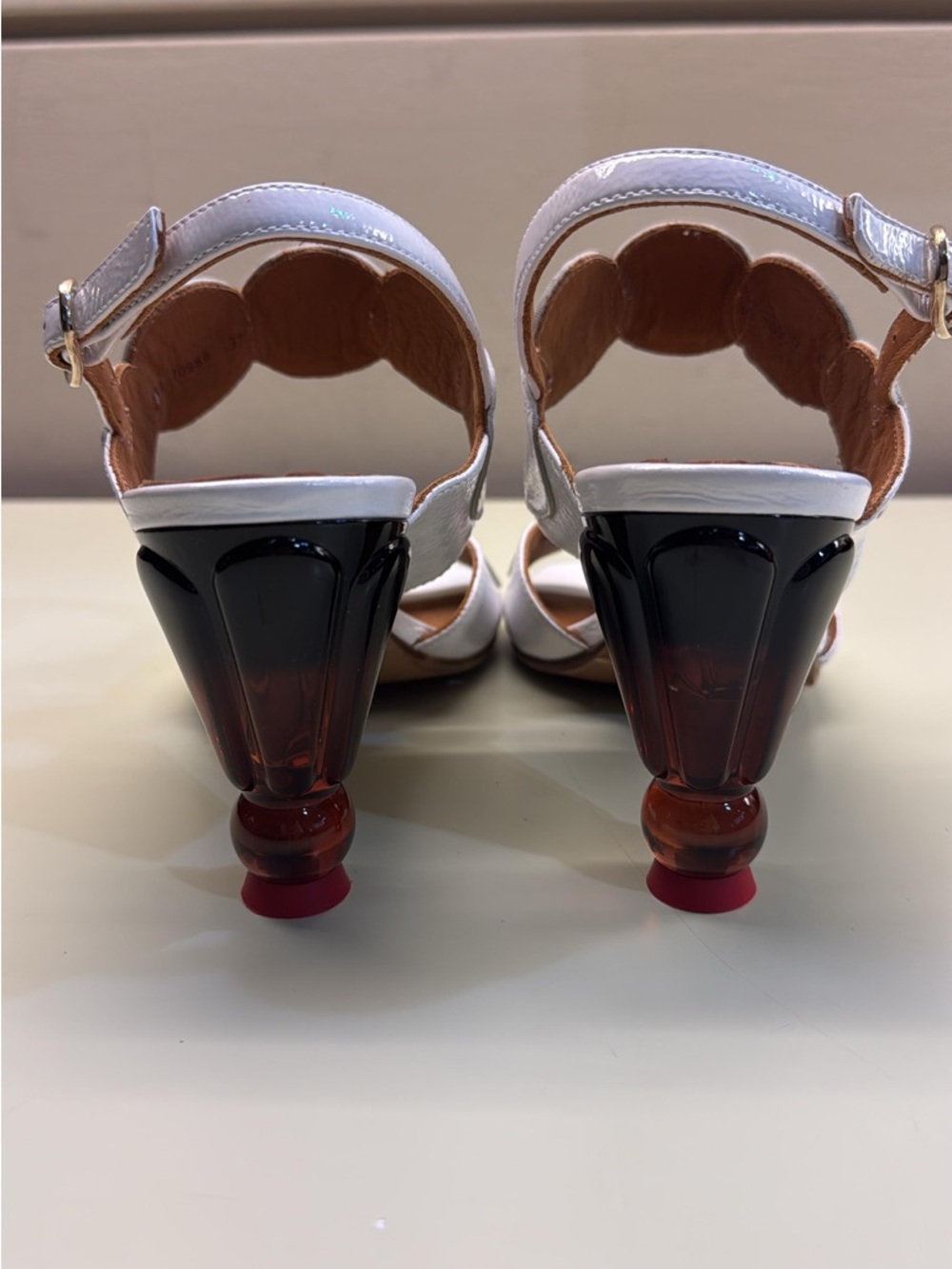 Chie Mihara White Leather Slingback Heels with Decorative Circles blue tint - Picture 3 of 6